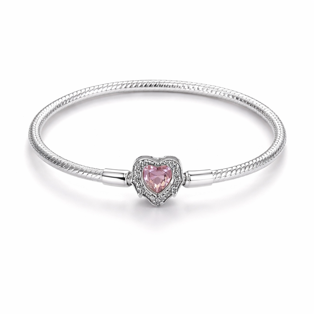 Pink Heart Crystal Charm Snake Chain Bracelet
