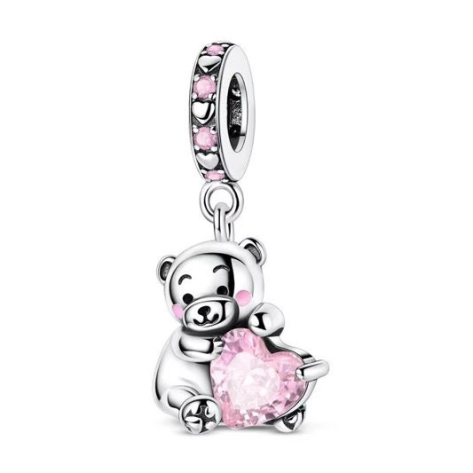 Pink Crystal Teddy Bear Heart Charm